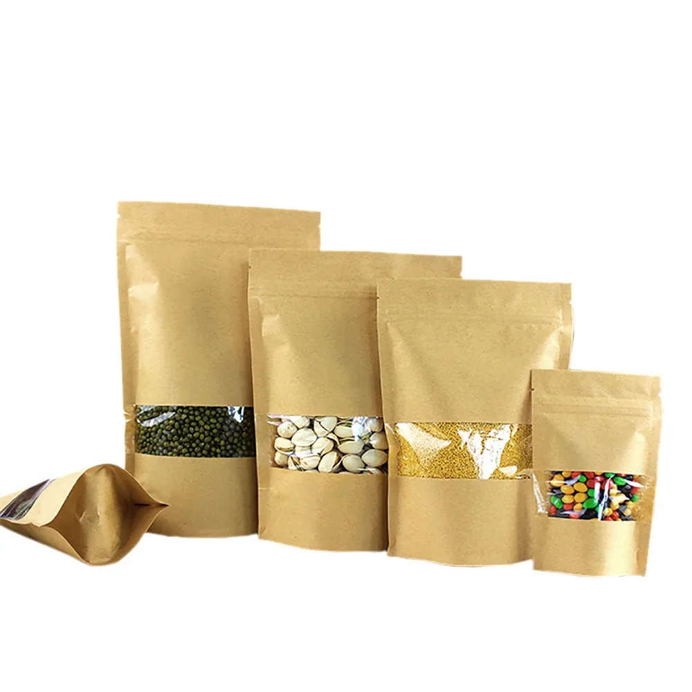 Kraft Paper Bag With Clear Window Ziplock Stand Up Pouches for Packing Food Cookies Snacks