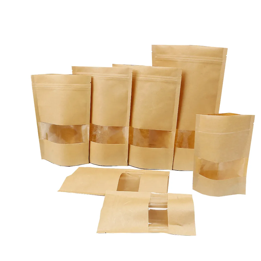 Kraft Paper Bag With Clear Window Ziplock Stand Up Pouches for Packing Food Cookies Snacks
