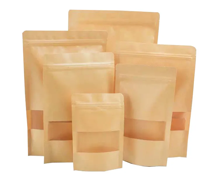 Kraft Paper PE Bags Stand up Food Pouch Bottom Gusset Packaging Bags with Window and Zip-Lock
