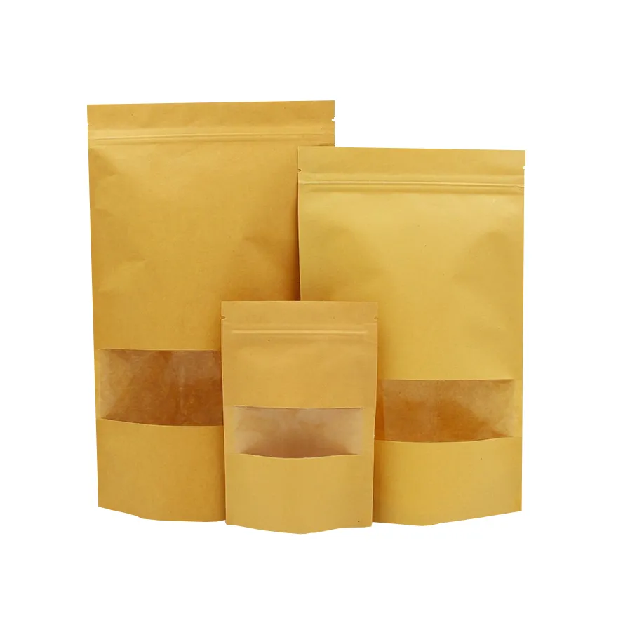 Kraft Paper PE Bags Stand up Food Pouch Bottom Gusset Packaging Bags with Window and Zip-Lock