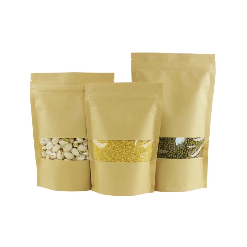 Eco-Friendly Kraft Paper Food Storage Bags - Resealable Stand Up Pouches with Matte Window & Bottom Gusset for Retail and Business