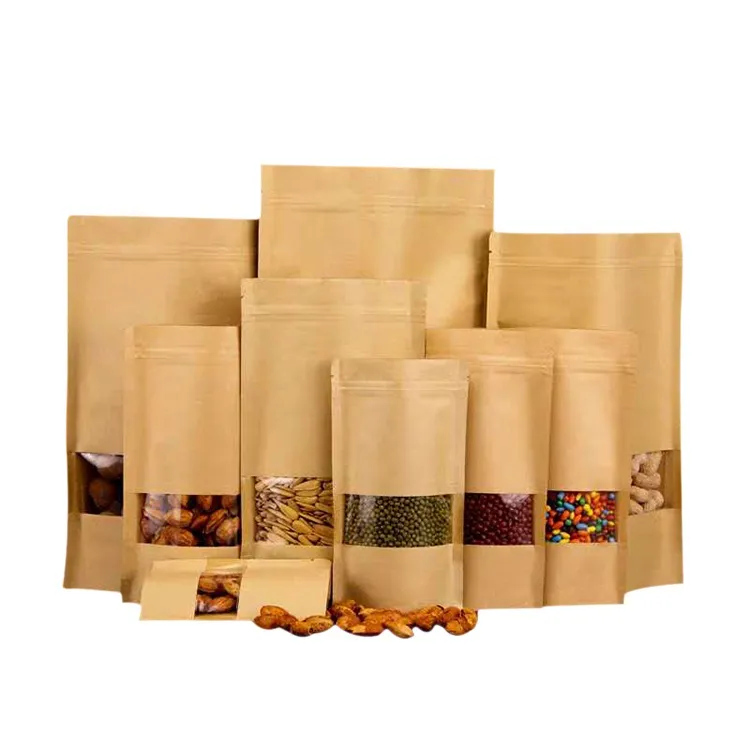 Kraft Paper PE Bags Stand up Food Pouch Bottom Gusset Packaging Bags with Window and Zip-Lock