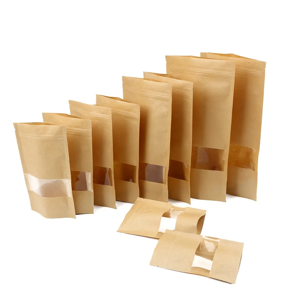 Kraft Paper PE Bags Stand up Food Pouch Bottom Gusset Packaging Bags with Window and Zip-Lock